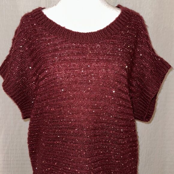 Gloria Vanderbilt PL Burgundy Crewneck Sequined Sleeveless Knit Sweater Vest - Picture 3 of 10